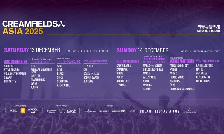 Creamfields Asia 2025 ไลน์อัปเต็มออกแล้ว เตรียมระเบิดความมันส์ 13-14 ธ.ค. นี้ ที่อิมแพ็ค เอ็กซิบิชั่น ฮอลล์ 5-10
